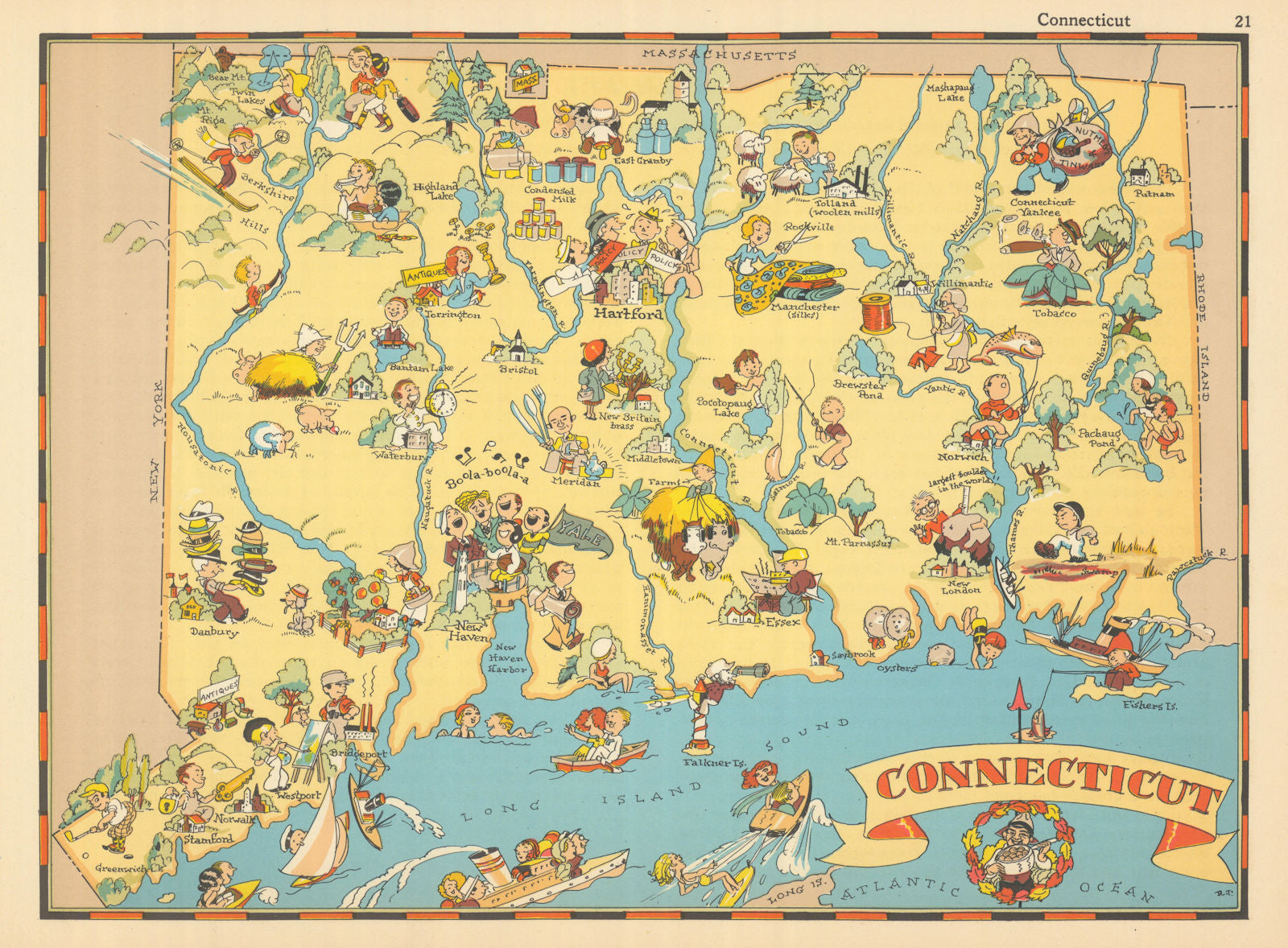 Connecticut. Pictorial state map by Ruth Taylor White 1935 old vintage